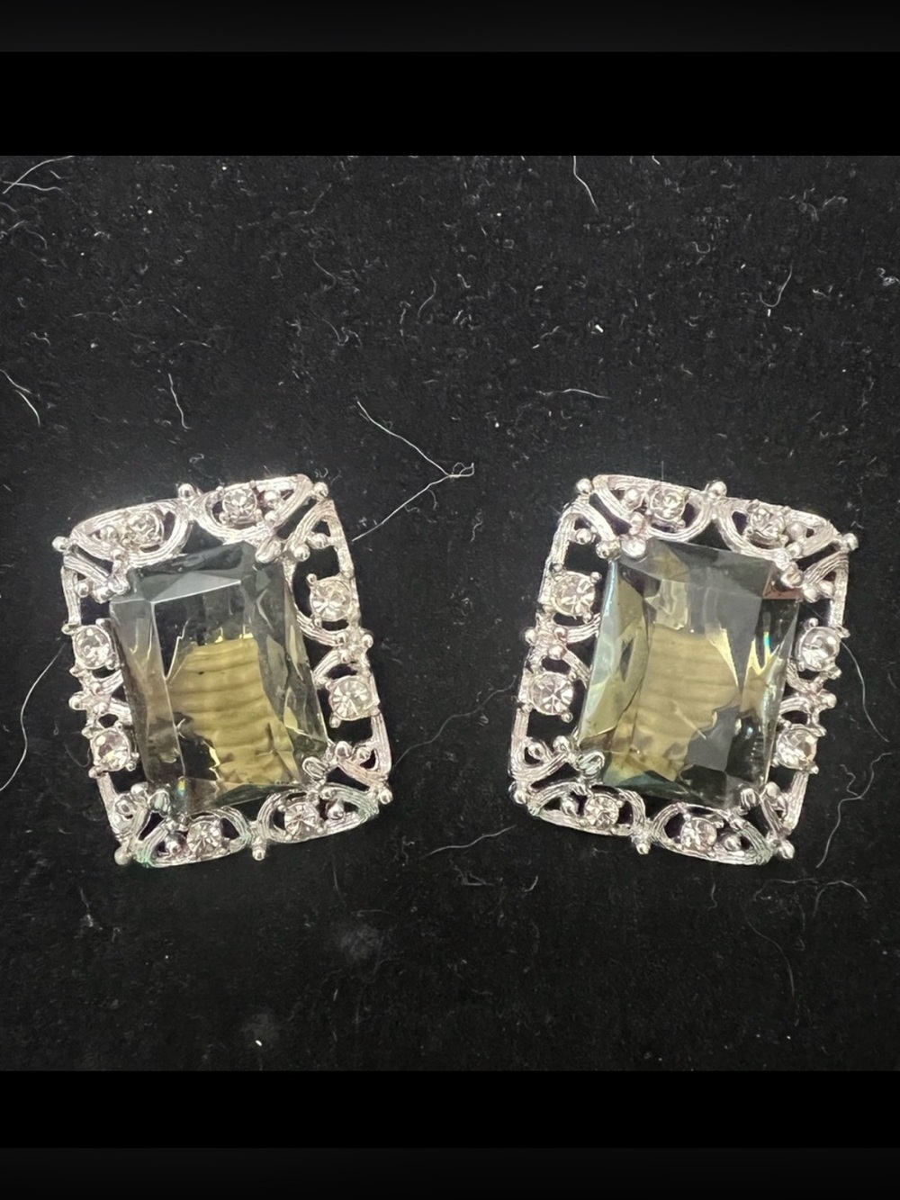 Vintage Sarah Coventry Clip Earrings, Emerald cut Green Glass w/ filigree halo